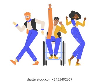 A group of colleagues rejoices at their success. A red-haired man, a guy in a wheelchair and a pretty black girl. They dance and are happy. Vector flat illustration with characters