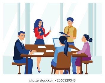 Group of colleagues working together in a modern office. Hold meetings by exchanging ideas and taking notes in the conference room. Employee Appreciation Day concept. Flat vector illustration.