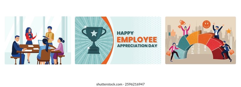 Group of colleagues working together in a modern office. Employee Appreciation Day features trophies. Productivity or employee recognition. Employee Appreciation Day concept.