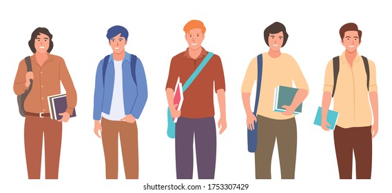 Group of college boys flat vector illustration. 
Young boys holding books isolated characters on white background. 
Happy teenager in casual clothes. Youth lifestyle.