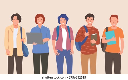Ilustración vectorial plana de grupo de universitarios. 
Niños jóvenes sosteniendo libros aislados personajes de fondo blanco. 
Un adolescente feliz con ropa informal. Estilo de vida de los jóvenes.