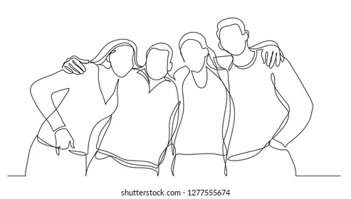 group college friends standing together posing    one line drawing