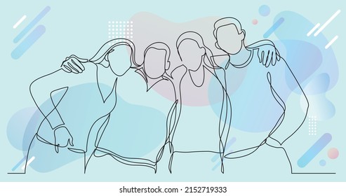 group of college friends standing together posing - one line drawing