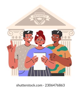 Group of college friends. University fellow students or classmates standing together in front of uni building. Close lifelong friendship idea. Flat vector illustration