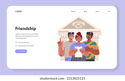 Group of college friends web banner or landing page. University fellow students or classmates standing together in front of uni building. Close lifelong friendship idea. Flat vector illustration