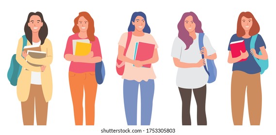 Group of college girls flat vector illustration. 
Young girls holding books isolated characters on white background. 
Happy teenager in casual clothes. Youth lifestyle.