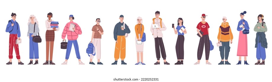 Group college pupils. Diverse students or university classmates, traditional school girl and boy young study people campus teenagers international youth vector illustration of university education