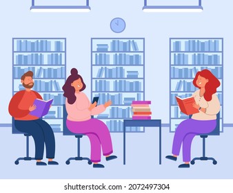 Group of college students or adults reading books in library. People sitting on chairs in classroom and discussing books together flat vector illustration. Education, book club concept for banner