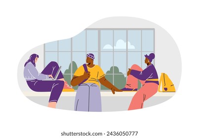 A group of college students studying and interacting in a relaxed setting. Vector illustration depicts casual learning and peer collaboration