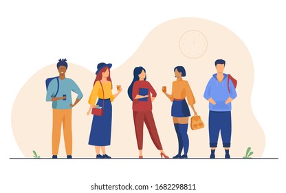 Group Of College Or University Students Hanging Out. Happy Teen Girls And Guys Standing Together, Holding Books, Backpacks. Vector Illustration For Studying, School Friends, Fashion, Youth Concept