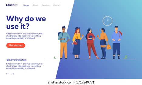 Group of college or university students hanging out. Happy teen girls and guys standing together, holding books, backpacks. Vector illustration for studying, school friends, fashion, youth concept