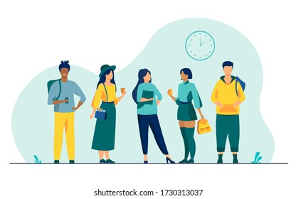 Group of college or university students hanging out. Happy teen girls and guys standing together, holding books, backpacks. Vector illustration for studying, school friends, fashion, youth concept