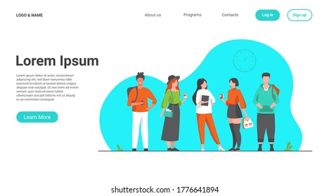 Group of college or university students hanging out. Happy teen girls and guys standing together, holding books, backpacks. Vector illustration for studying, school friends, fashion, youth concept