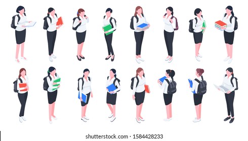 Group Of College And University Students. Isometric Young People. Student Set With Books And Backpacks Isolated On White Background 