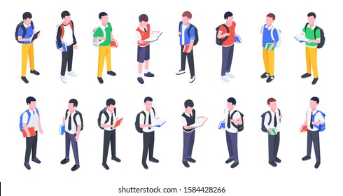 Group Of College And University Students. Isometric Young People. Student Set With Books And Backpacks Isolated On White Background 