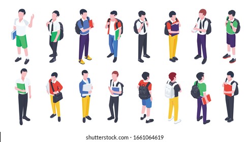 Group Of College And University Students. Isometric Young People. Student Set With Books And Backpacks Isolated On White Background