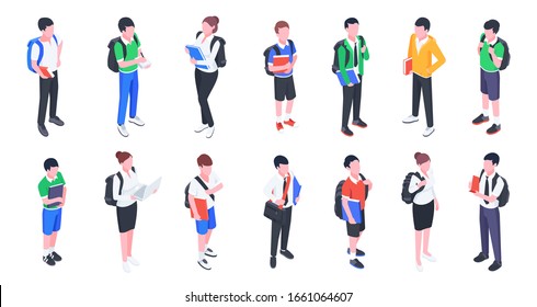 Group of college and university students. Young girls and boys with backpacks and books isolated on white background