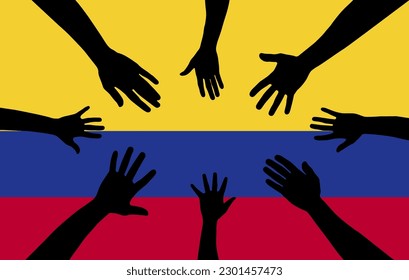 Group of Colombia people gathering hands vector silhouette, unity or support idea, hand gathering silhouette on Colombia flag, teamwork and togetherness concept, union of society