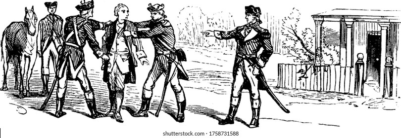 A group of colonial soldiers, in front of a building, restraining a man, vintage line drawing or engraving illustration.