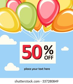 Group of color ballons holding a text banner