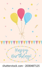 Group of color balloons with party flags and confetti on pastel background. Birthday celebration card template