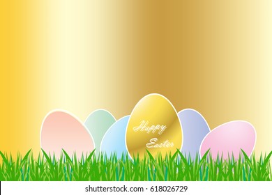 The group of color eggs with white borders are lying on the grass. The egg with sign Happy Easter is in the foreground. All is on the golden background.