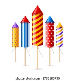 Group of color firework rockets isolated on white background for party design