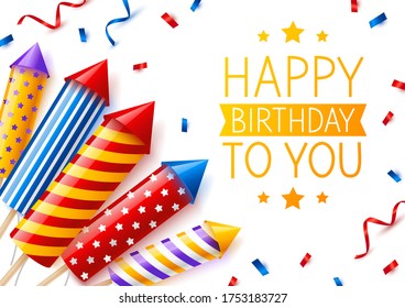 Group of color firework rockets on white background - birthday greeting card for party design