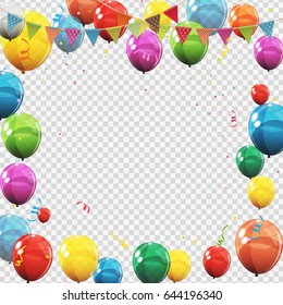 Group of Color Glossy Helium Balloons Isolated on Transperent  Background. Set of  Balloons and Flags for Birthday, Anniversary, Celebration  Party Decorations. Vector Illustration EPS10