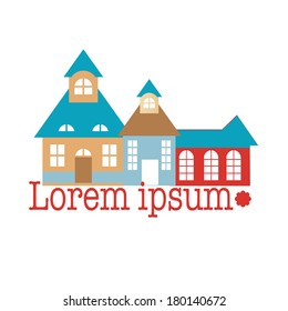 a group of colored buildings and some text