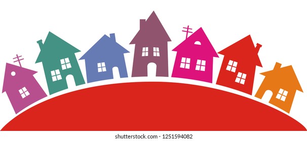 Group of colored houses, vector icon. A lot of different homes. A small town on a hill.