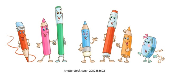 A group of colored pencils and markers with a fun pencil sharpener. In cartoon style. Isolated on white background. Vector illustration.
