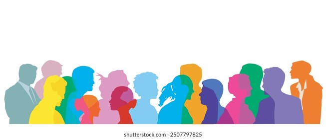 A group of colored people from the side, isolated on white background, illustration