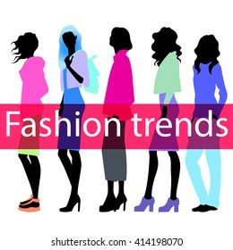 Group of colored silhouettes of high fashion clothed women