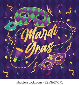 Grupo de máscaras venecianas de color Cartel del partido Mardi gras Vector