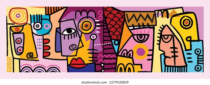 Group of colorful abstract face portrait cubism art style, decorative, line art hand drawn vector illustration.