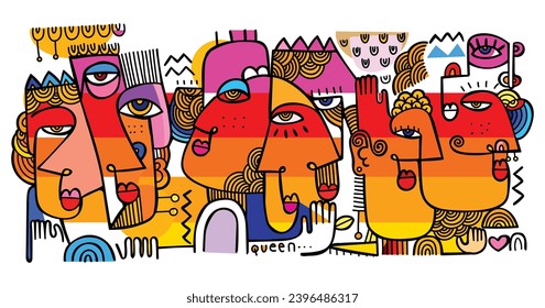 Group of colorful abstract face portrait hand drawn lines, doodle, drawing vector art print illustration.