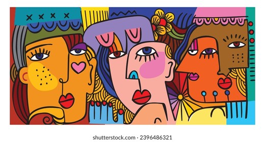 Gruppe von bunten abstrakten Gesicht portrait handgezeichnet Linien, doodle, Zeichnen Vektorgrafik-Print-Illustration.