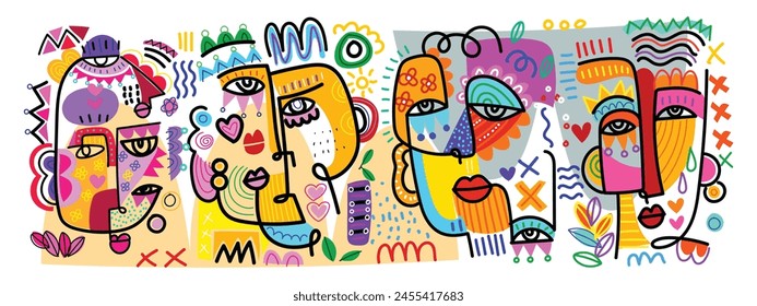 Grupo de colorido retrato de cara abstracta estilo de arte cubismo, decorativo, arte de línea dibujado a mano Ilustración vectorial. Diseño estético para arte de pared, decoración, póster, tarjeta y cubierta.