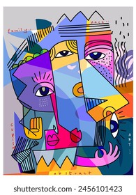 Group of colorful abstract face portrait cubism, decorative, doodle, line art hand drawn vector illustration wall art.