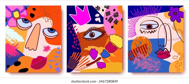 Grupo de colorido retrato de cara abstracta estilo de arte cubismo, decorativo, arte de línea dibujado a mano Ilustración vectorial.