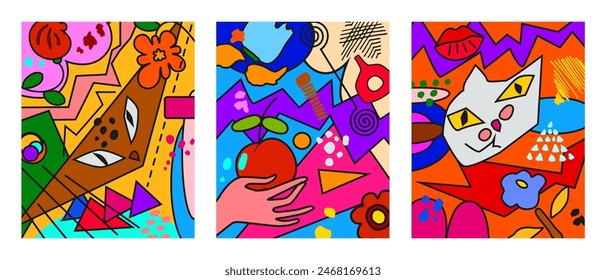 Group of colorful abstract face portrait cubism art style, decorative, line art hand drawn vector illustration.