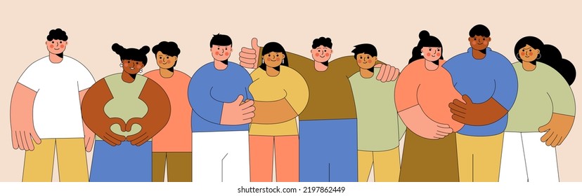 A group of colorful abstract people. Friends, girls and guys pose together. Embracing couples in love. Doodle characters of diverse young men, women. The concept of friendship, cooperation, teamwork