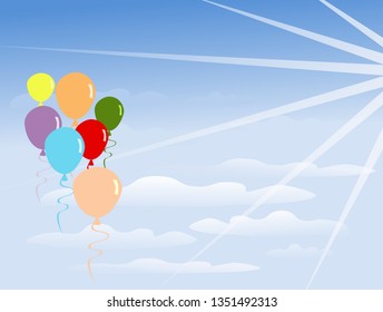 group of colorful balloons is floating on a clouds. There is light from the sun shining,blue sky background