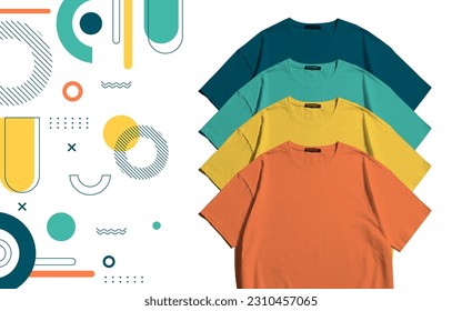 A group of colorful blank t shirts . colourfull orange yellow blue and paste colour blank t shirt mockup collection design