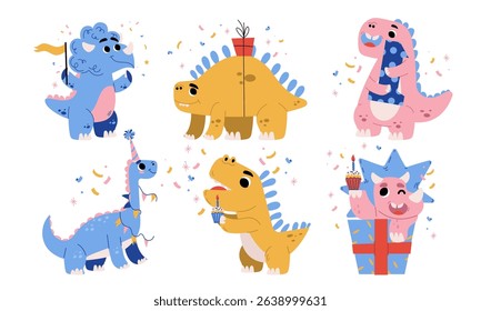A group of Colorful Cartoon Dinosaurs joyfully Celebrating with fun Party Hats together
