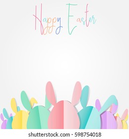 Group of colorful Easter bunnies with happy easter text on white background, paper cut style design by Vector illustration EPS 10.