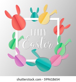 Group of colorful Easter bunnies with happy easter text on white frame, paper cut style design by Vector illustration EPS 10.