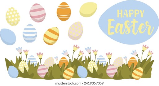 A Group of Colorful Easter Eggs in the Green Grass, with Bunny Ears. Vector set of elements for Happy Easter. Banner with inscription, seamless path pattern, clip art colorful eggs