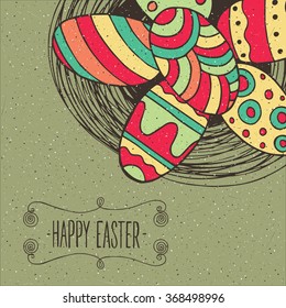 Group of colorful Easter eggs in nest. Top view - Happy Easter concept. Vector illustration
